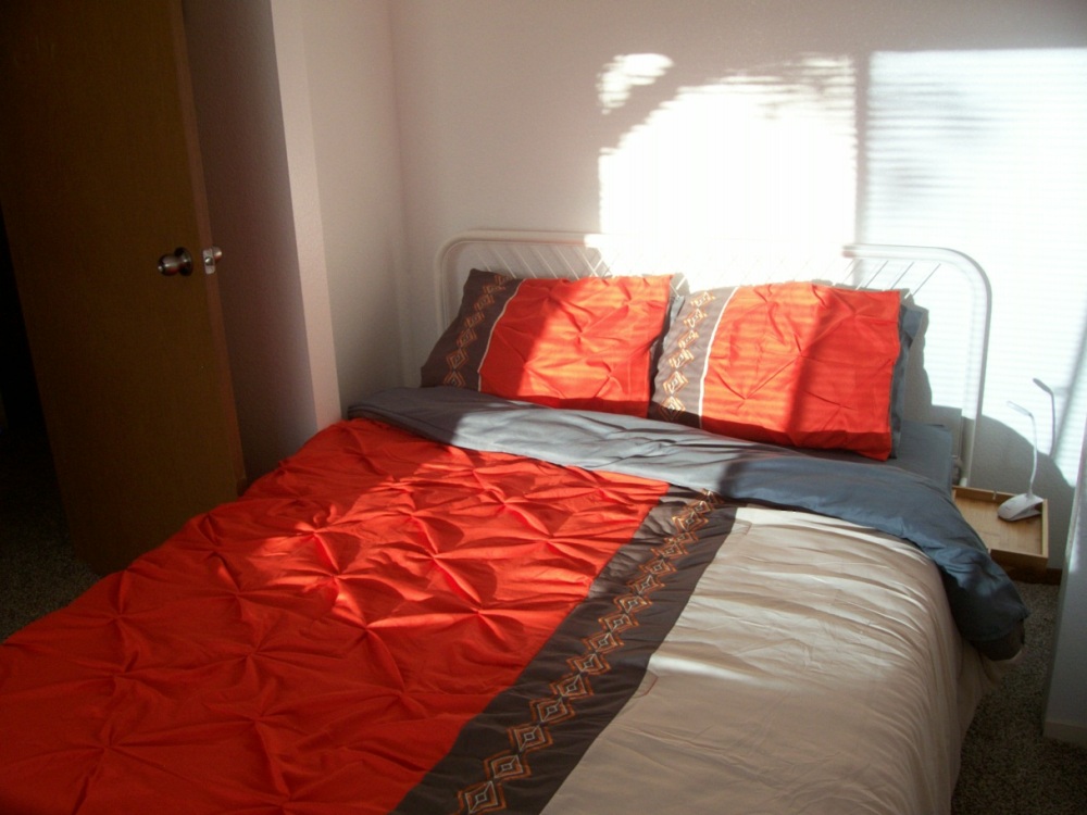 The Orange Room's metal frame queen size bed, side table, lamp, bedspread, natural light coming through window.